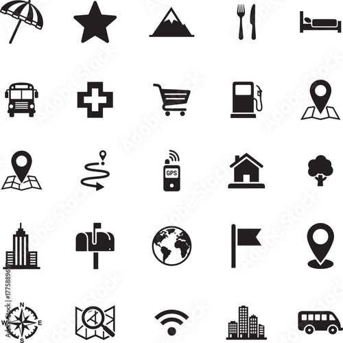 Location and Navigation Silhouette icon collection. Includes Silhouette symbols location, map, navigation, gps, pin, destination and more. Isolated icons. Location icon set. Minimalist icons pack.
