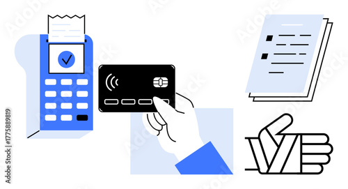 Hand tapping credit card on POS machine with receipt and success tick, checklist document, thumbs-up gesture. Ideal for payment solutions, e-commerce, banking, technology, transactions, retail