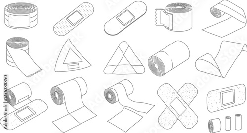 A collection of various bandages and medical tapes in a black and white line drawing format style