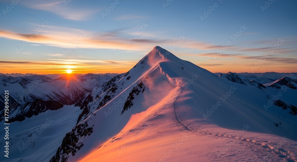 Naklejka premium Snow covered mountain peak bathed in warm orange and pink sunset light clear sky with wispy clouds
