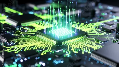 Close-up of a central processing unit (CPU) chip, with circuits highlighted in glowing green. Data pathways emanate from the chip