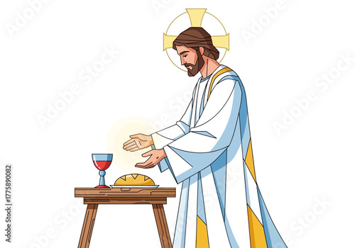 Jesus Christ Offering Bread and Wine with Halo Cross Symbol.