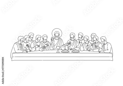 Line Art Depiction of The Last Supper with Jesus and Disciples.