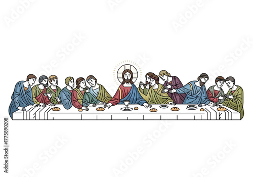The Last Supper Illustration with Jesus and Disciples at Table.