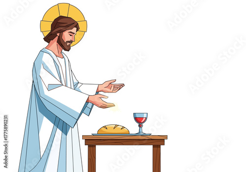 Jesus Christ Offering Bread and Wine in Holy Communion Illustration.