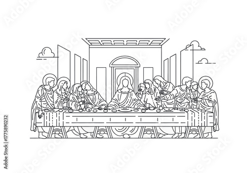 The Last Supper Line Art Illustration of Jesus and Disciples.