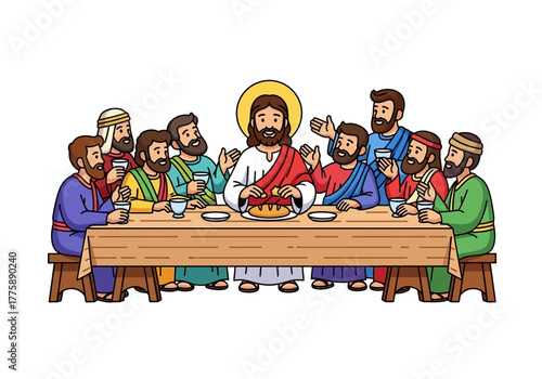 Cartoon Depiction of The Last Supper with Jesus and His Disciples at a Wooden Table.