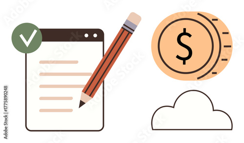 Checklist with a green checkmark, pencil, coin with dollar sign, and cloud. Ideal for budgeting, financial planning, goal setting, task management, online collaboration productivity tools simple