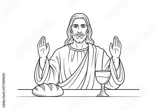 Jesus Christ at the Last Supper with Bread and Wine Outline.
