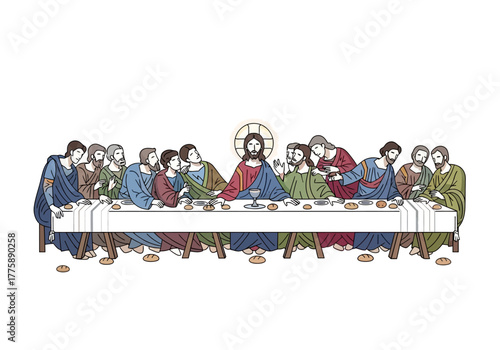 The Last Supper Illustration with Jesus and Disciples at Table.