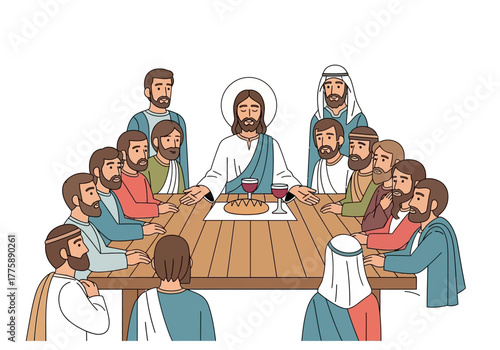 Illustrated Last Supper Scene with Jesus and Disciples at Table.