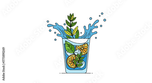 Refreshing summer drink with ice mint and lemon splash in glass.