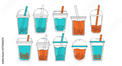 Collection of Refreshing Bubble Tea Drinks in Various Cups.
