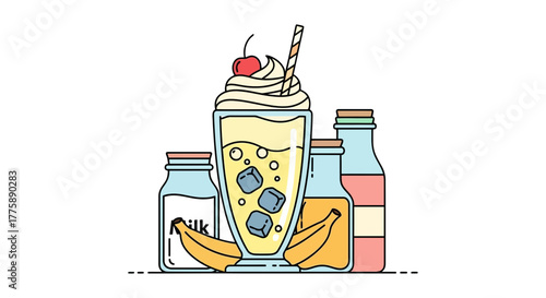 Delicious Banana Milkshake with Whipped Cream and Cherry Topping.