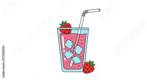 Refreshing glass of pink strawberry juice with ice cubes and a straw.