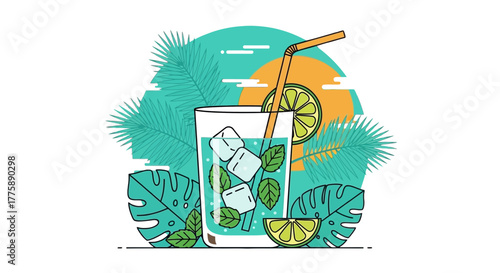 Refreshing Mojito Cocktail with Ice and Lime Slices.
