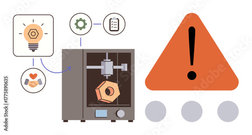 3D printer creating a hexagonal object, innovation lightbulb, collaboration handshake, warning sign. Ideal for innovation, teamwork, engineering, safety, prototyping creativity problem-solving