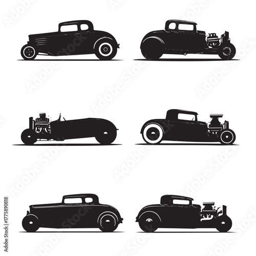 Set of hot rod car silhouettes isolated on white background