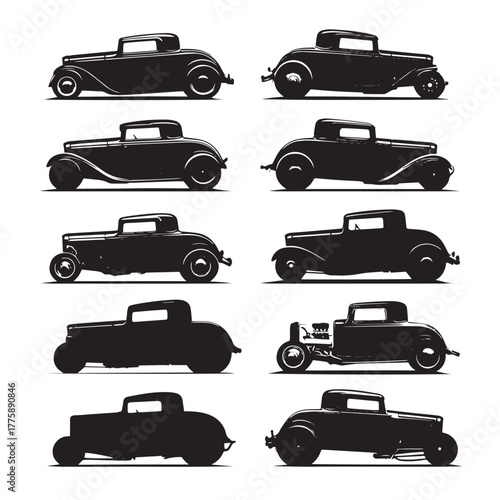 Hot rod silhouette set isolated on white background