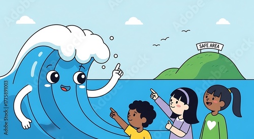 Cartoon Wave Guiding Children Towards Safety Zone on a Coastal Scene