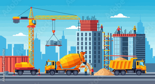 Dynamic urban construction scene featuring cranes, trucks, and workers building modern skyscrapers against a bright blue sky