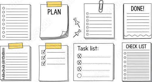 Hand Drawn Checklist Stack with Pins, Paper Clip and Tape on White Background