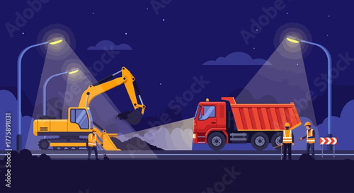 Dedicated construction crew works diligently through the night, excavating and loading materials under bright streetlights