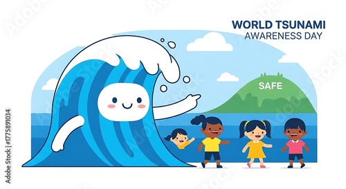 World Tsunami Awareness Day Illustration with Cute Wave Character and Children