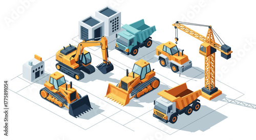 Dynamic construction site isometric view featuring excavators, bulldozers, dump trucks, and crane for industrial development projects