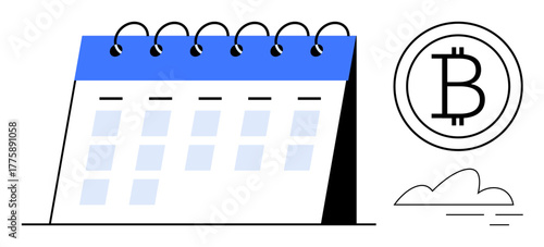 Spiral-bound calendar alongside a Bitcoin coin icon with minimalist cloud decor. Ideal for cryptocurrency, scheduling, financial planning, blockchain technology, events, investments, reminders