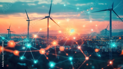 Renewable energy revolution wind farms sunset digital network visualization urban landscape aerial view future sustainability