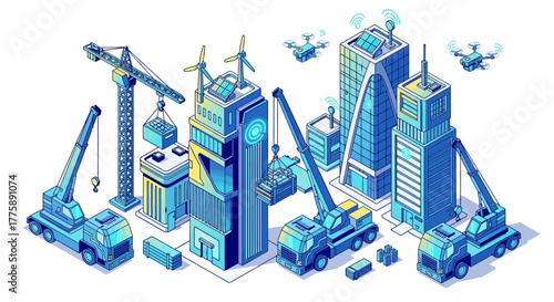 Futuristic city construction unfolds with cranes, drones, and modern buildings symbolizing innovation and progress in urban development