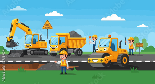 Joyful construction crew with happy excavators, dump trucks, and rollers building roads under a bright blue sky