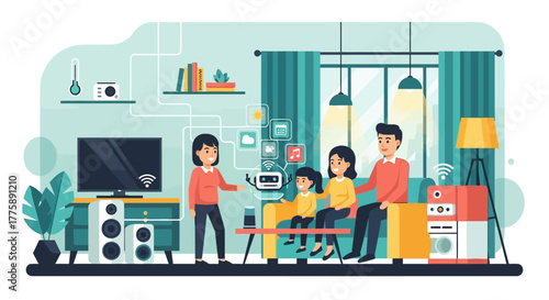 Joyful family interacts with smart home robot, embracing modern connected living and futuristic technology for convenience and fun.