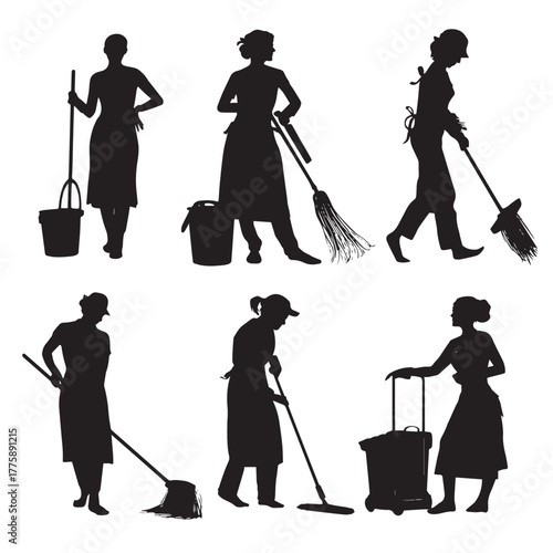 Cleaning lady silhouette set for house cleaning services isolated on white background