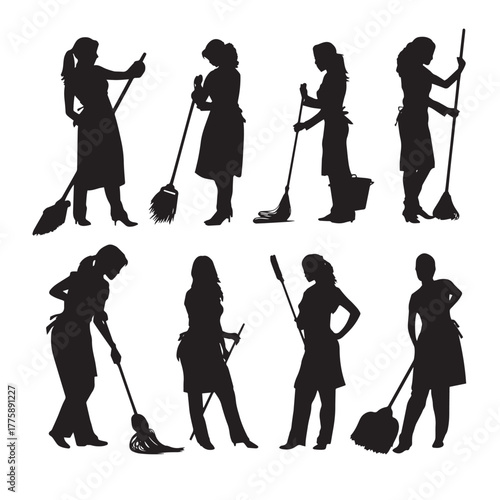 House cleaning lady silhouette set isolated on white background