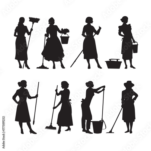 House cleaning lady silhouette set isolated on white background