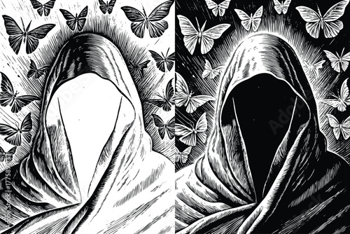 Dramatic split artwork shows hooded figures surrounded by butterflies, evoking mystery and transformation with stark contrast and intricate line work