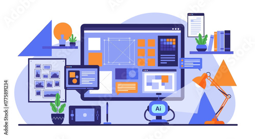 Creative digital workspace with AI robot and design tools inspires innovation and modern workflow for tech startups