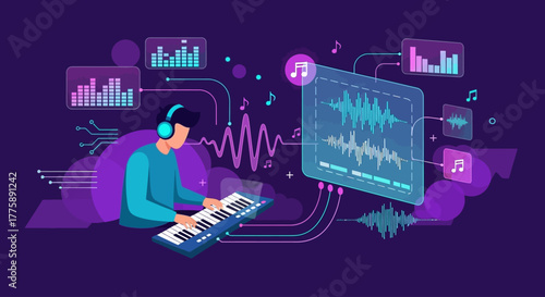 Creative musician composing digital music with synthesizers and soundwave visualizations, mastering audio production in a vibrant, futuristic studio environment.
