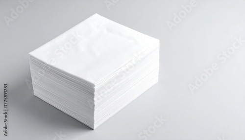A simple and clean stack of white disposable paper napkins or tissues arranged on a light gray background, for hygiene or tabletop settings