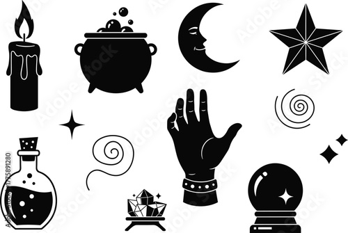 Mystical witchcraft elements vector illustration, featuring moon, crystal ball, cauldron, potion bottle, candle, pentagram star, and magical hand for fantasy design