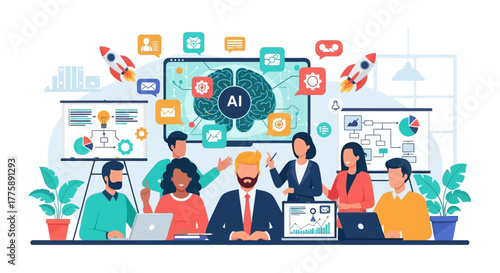 Dynamic team collaborating on AI strategy for business growth and innovation, vibrant startup environment, modern solutions for digital transformation success
