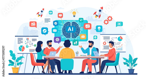 Modern team brainstorming AI solutions for business growth and innovation, fostering collaboration and strategic thinking in a vibrant workspace for startups