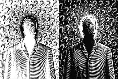 Solve your business mysteries with this thought-provoking illustration of faceless figures surrounded by questions, a concept for uncertainty and decisions
