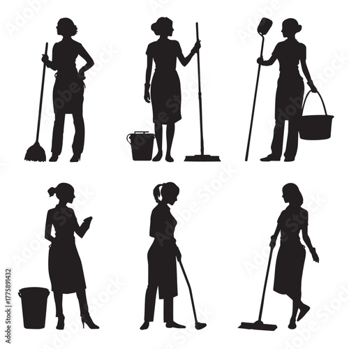 House cleaning lady silhouette set isolated on white background