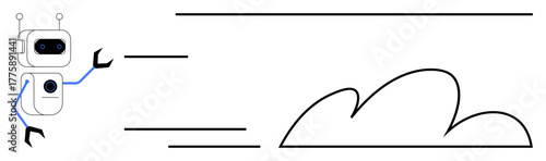 Robot waving with mechanical claw hands, blue highlights, motion lines, and minimalist cloud in the background. Ideal for technology, automation, communication, motion, robotics innovation simple