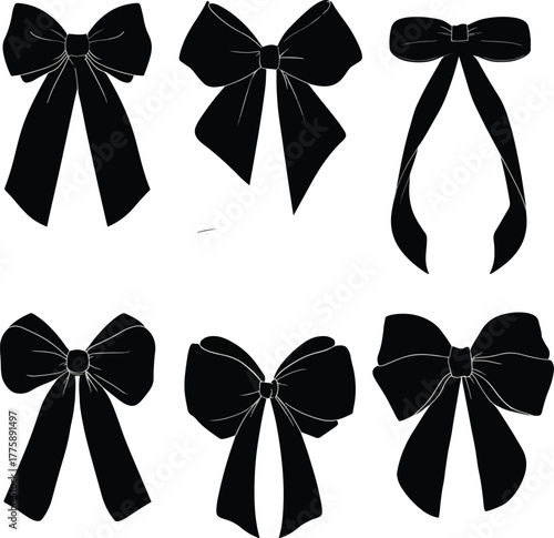 Collection of classic bow tie silhouettes for formal and festive occasions isolated on white background