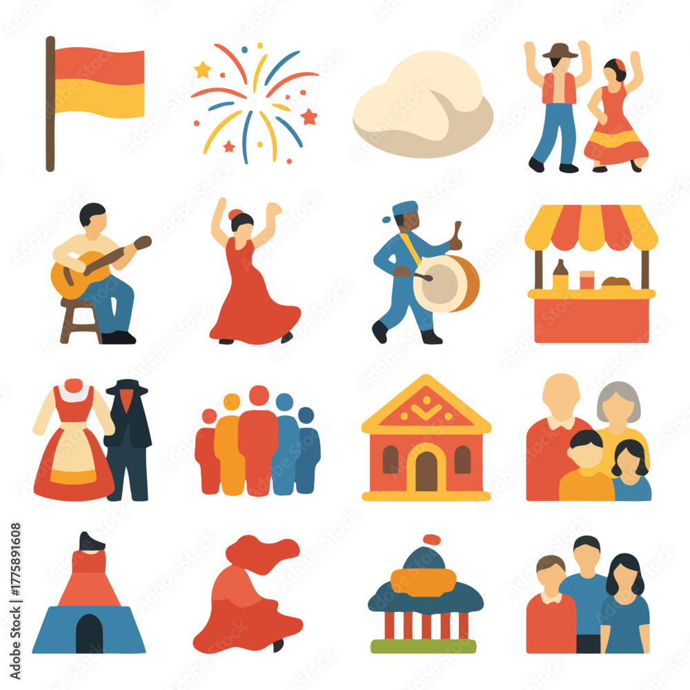 Naklejka premium Culture and Festivity Icons: A vibrant collection of icons representing various elements of culture, encompassing music, dance, celebrations, and traditions.