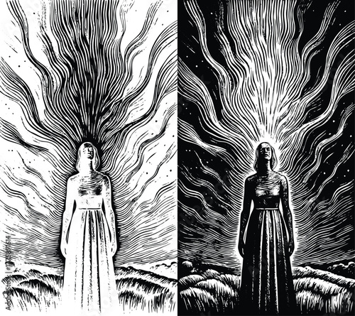 Woman bathed in radiant light with flowing hair, symbolizing enlightenment, transformation, and powerful creative energy, evoking wonder and inspiration.